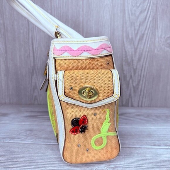 Vintage rare Coach Straw ladybug leaf tote bag purse rhinestone handbag summer - Picture 8 of 16